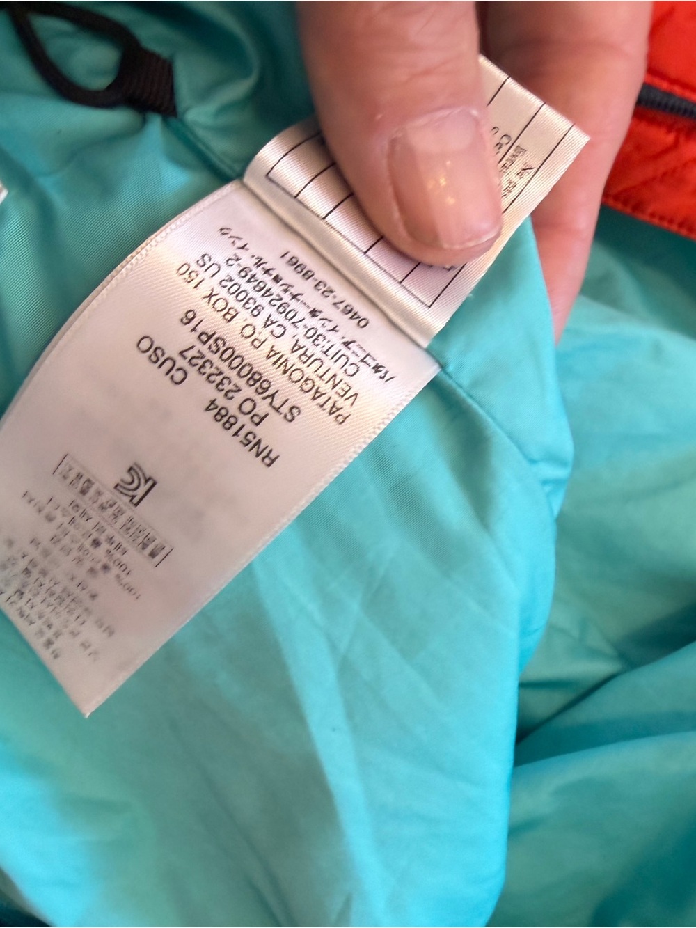 Patagonia Teal and Orange Kids Quilted Jacket boys 5/6 - Picture 8 of 9